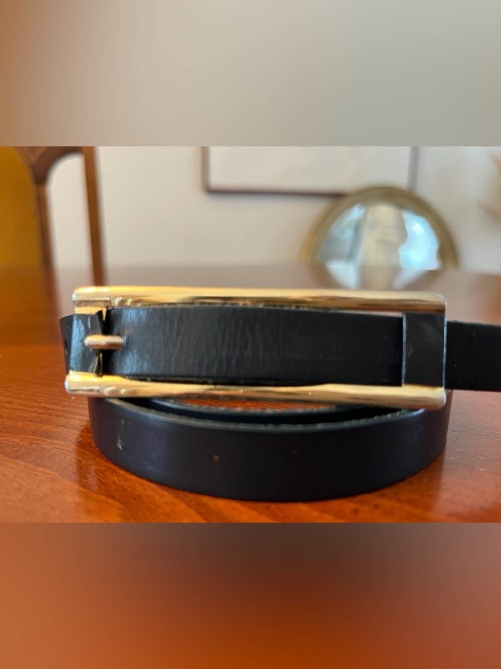 Vintage Black Leather Skinny Belt Gold Rectangle Buckle  Medium